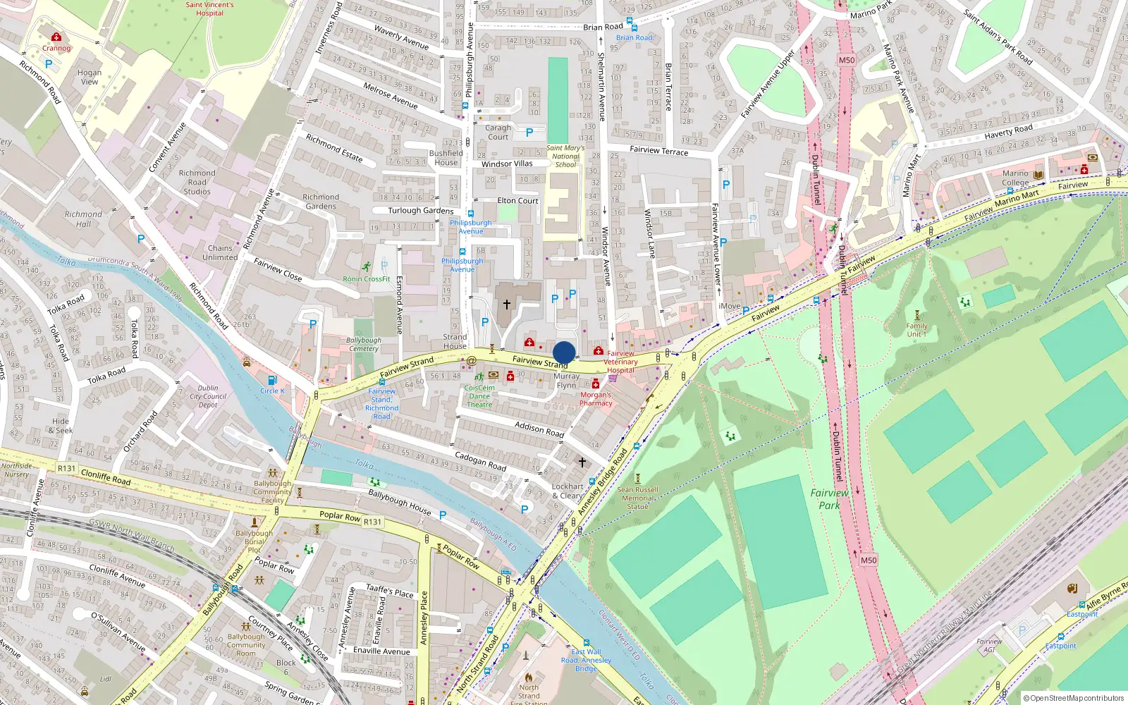 Overhead map showing the location of 27 Fairview Strand, Dublin 3