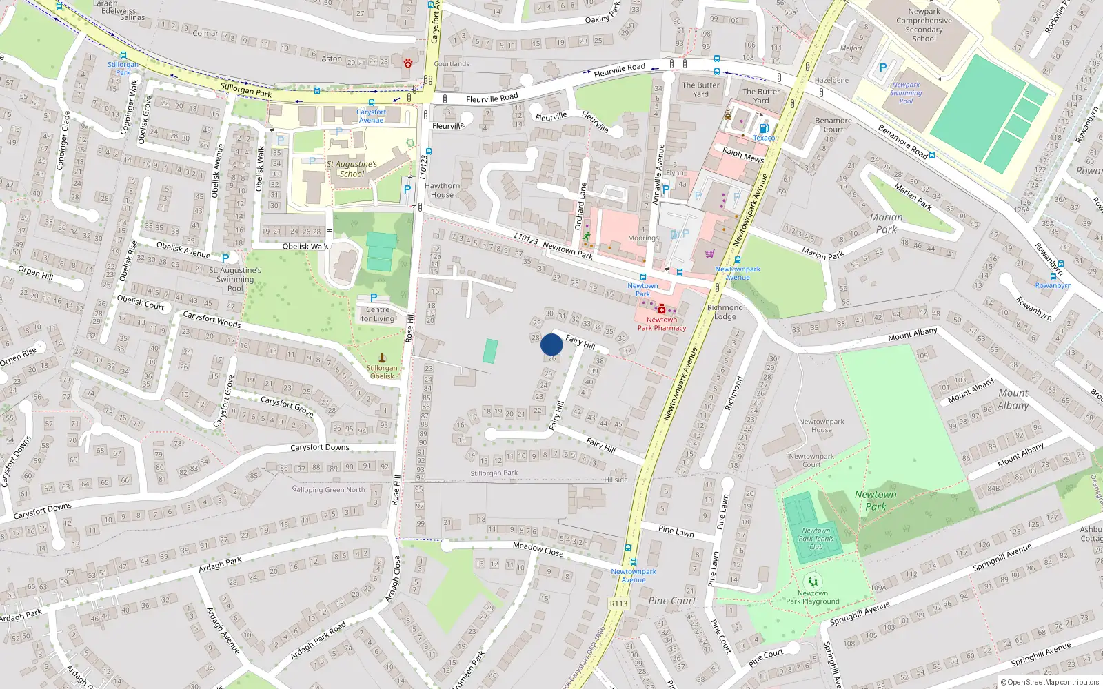Overhead map showing the location of 27 Fairyhill, Blackrock, Co Dublin