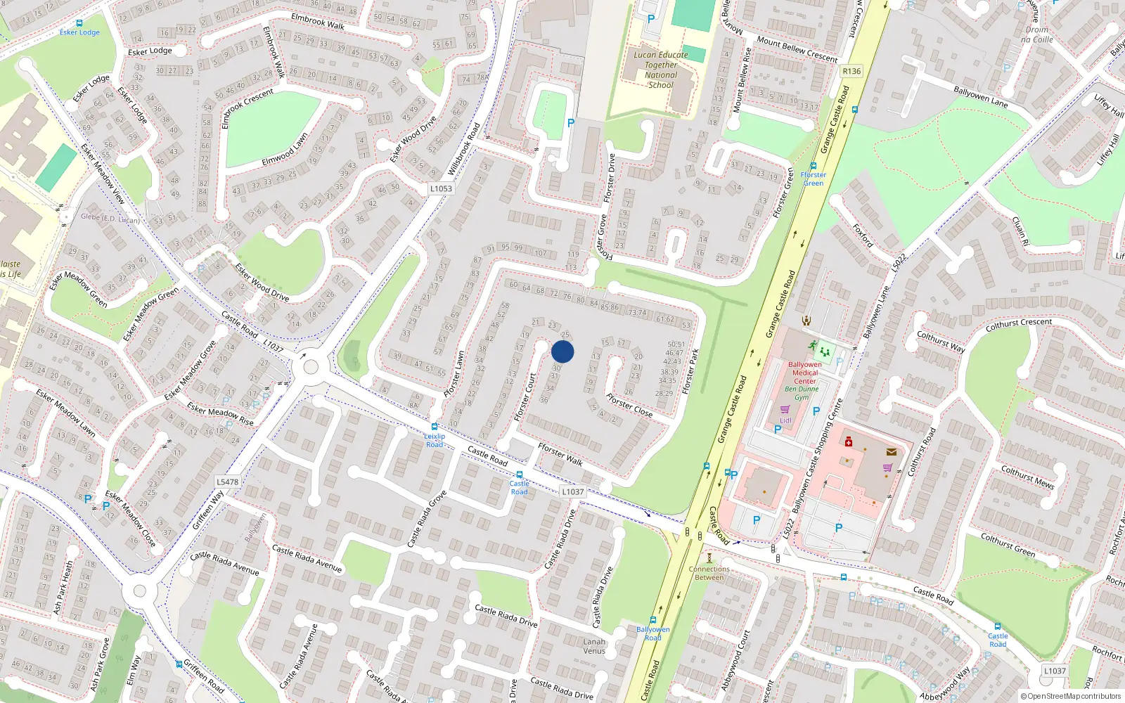 Overhead map showing the location of 27 Fforster Court, Lucan, Dublin