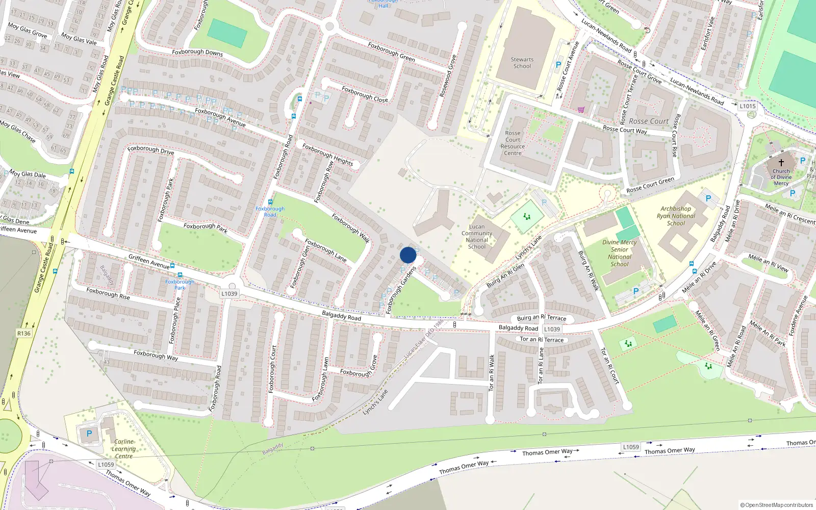 Overhead map showing the location of 27 Foxborough Gardens, Lucan