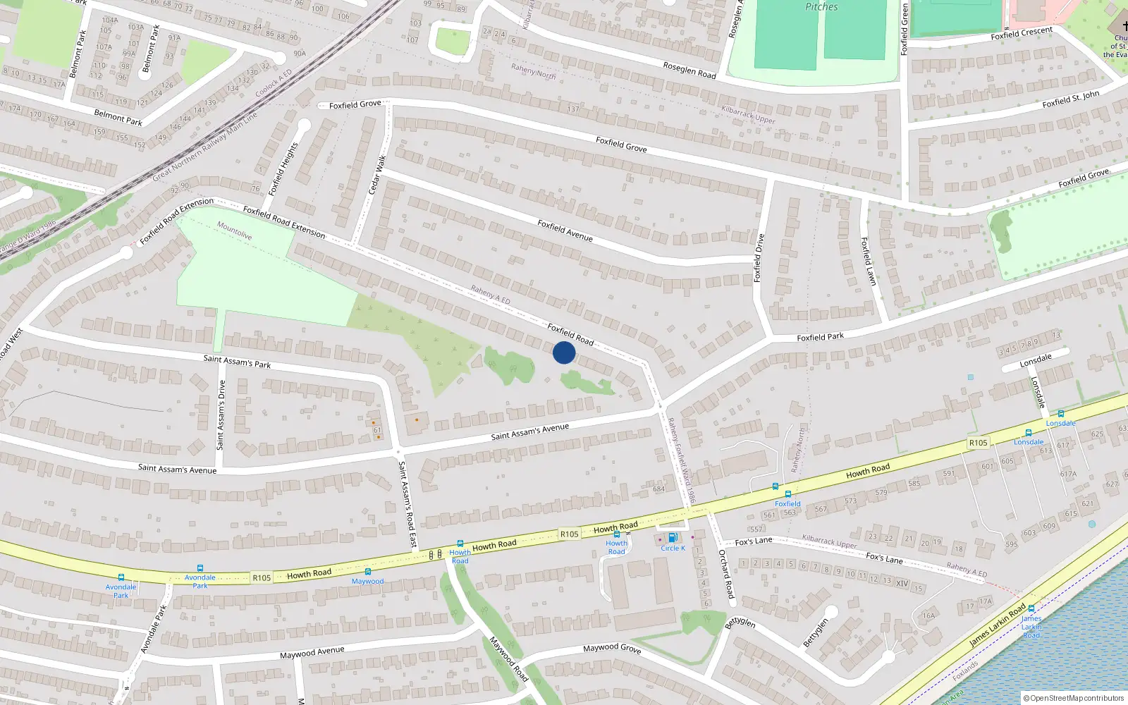 Overhead map showing the location of 27 Foxfield Road, Dublin 5