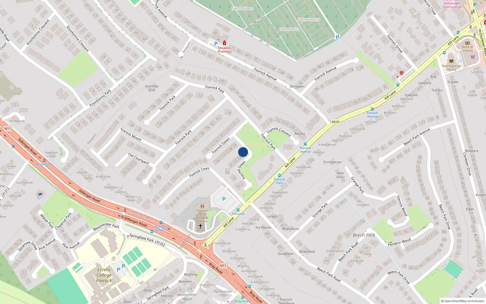 Overhead map showing the location of 27 Foxrock Green, Dublin 18