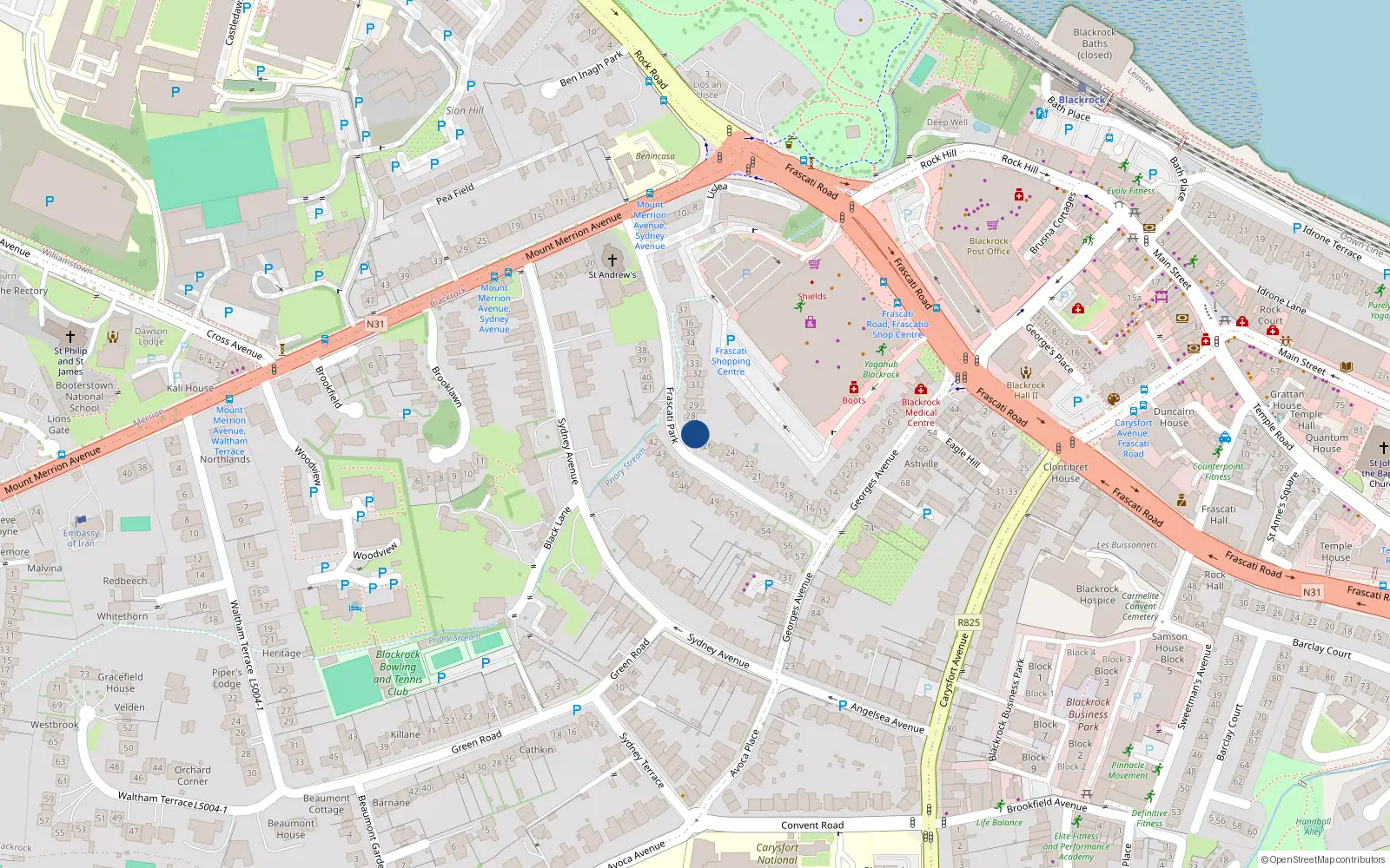 Overhead map showing the location of 27 Frascati Park, Blackrock, Co Dublin