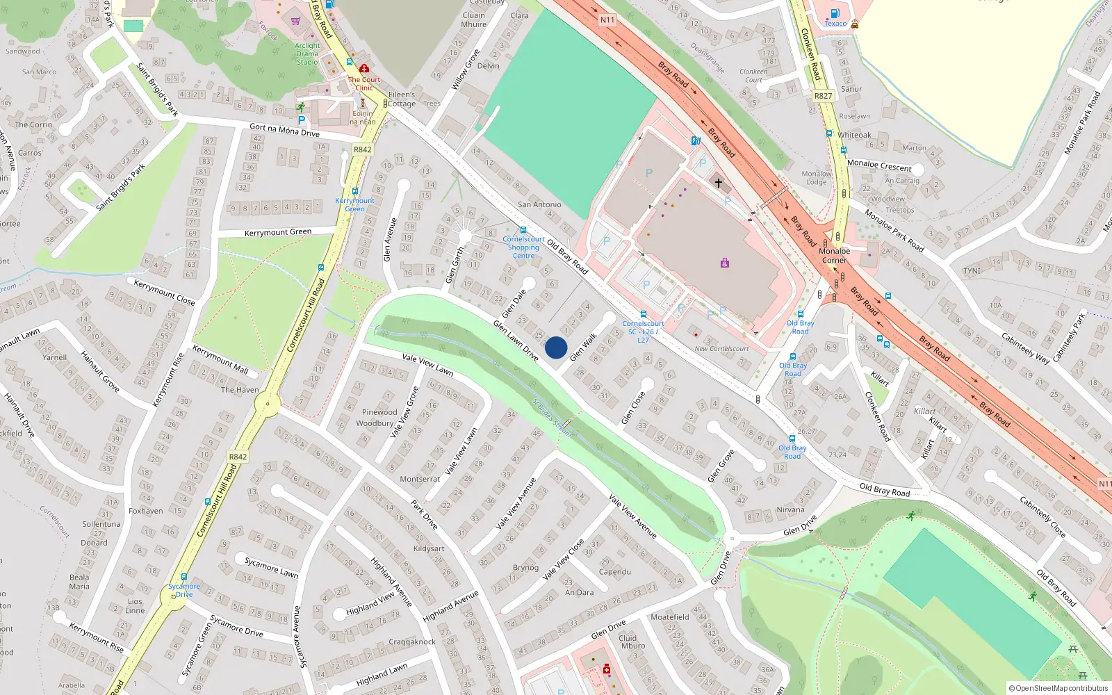 Overhead map showing the location of 27 Glen Lawn Drive, Dublin 18