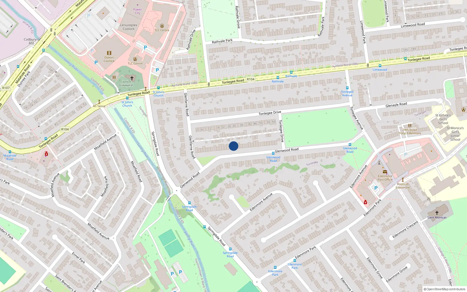 Overhead map showing the location of 27 Glenwood Road, Dublin 5