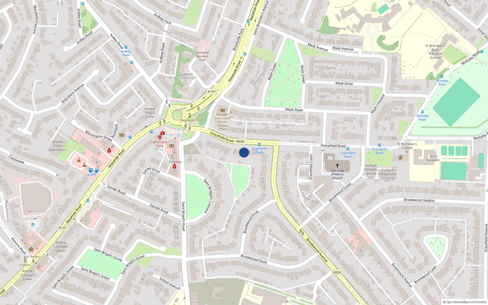 Overhead map showing the location of 27 Gracefield Road, Dublin 5