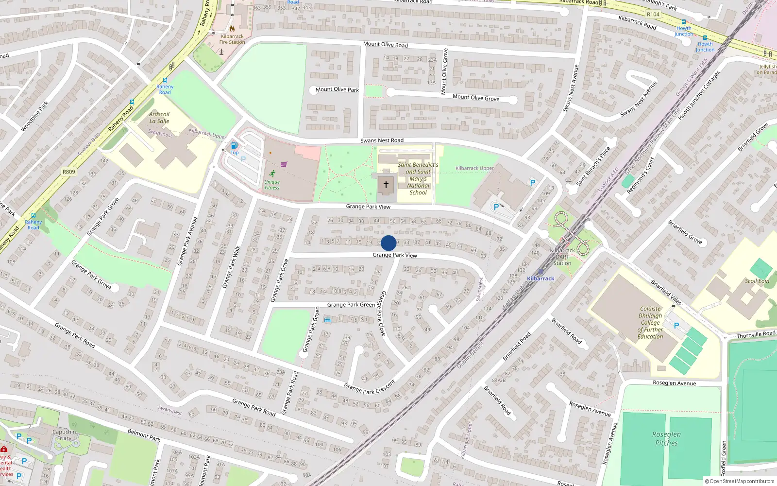 Overhead map showing the location of 27 Grange Park Rise, Raheny, Dublin 5