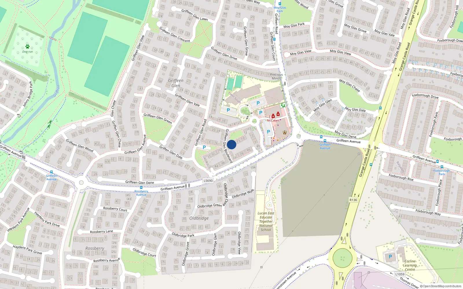 Overhead map showing the location of 27 Griffeen Glen Boulevard, Lucan