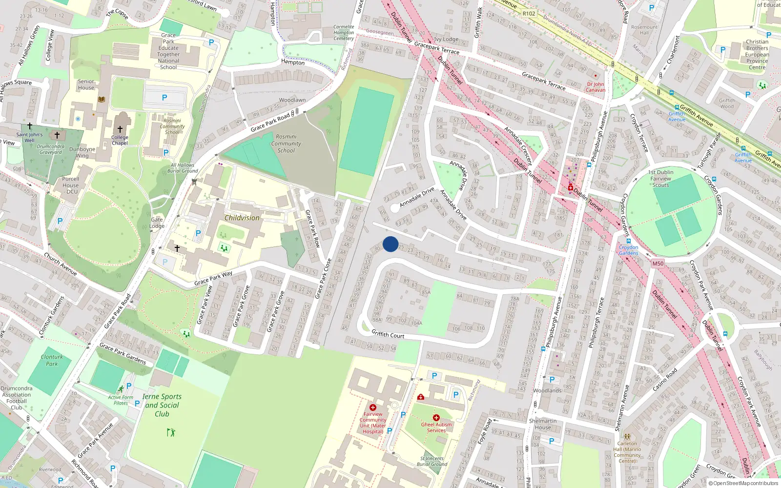 Overhead map showing the location of 27 Griffith Court, Fairview, Dublin 3