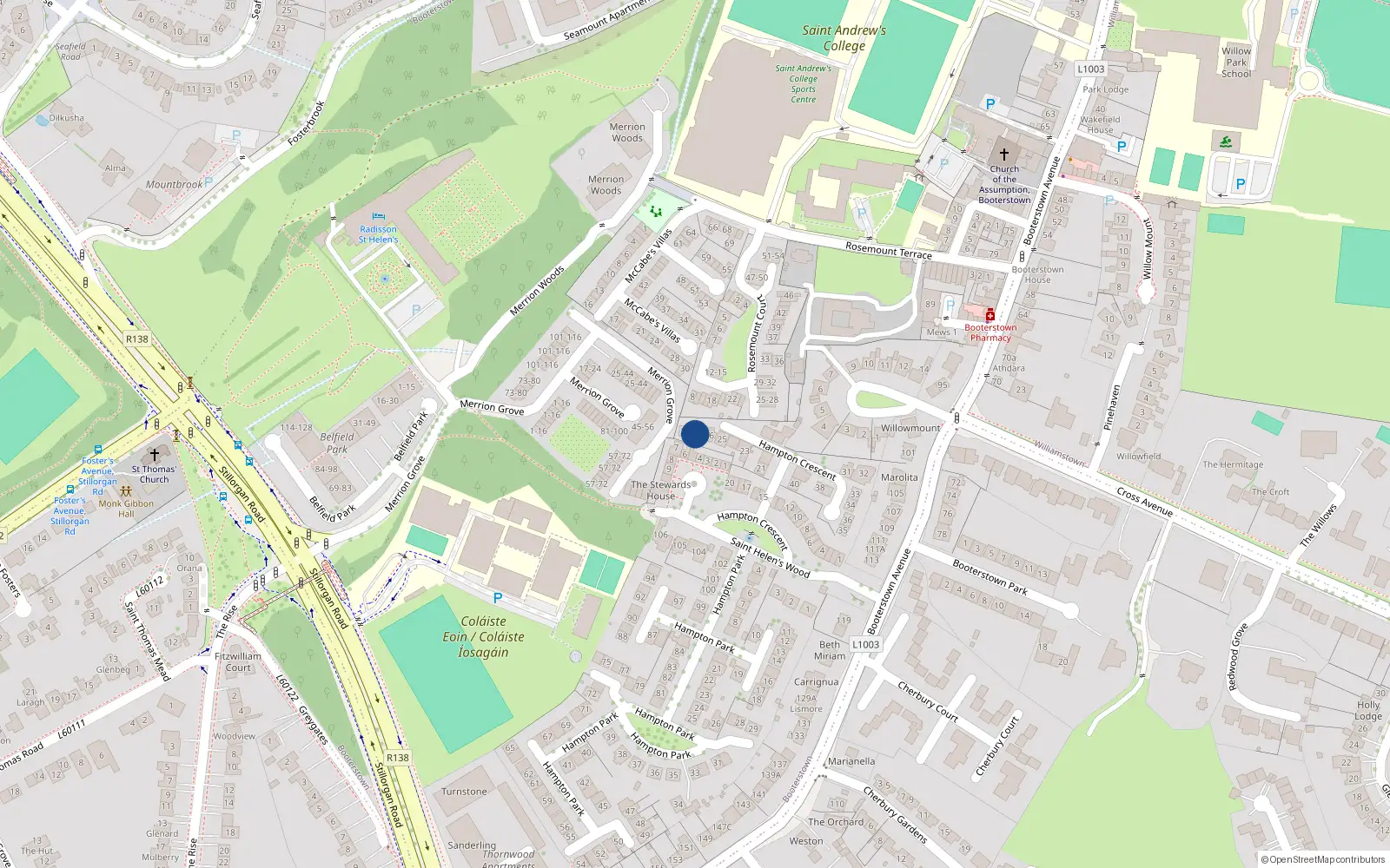 Overhead map showing the location of 27 Hampton Crescent, Blackrock, Dublin