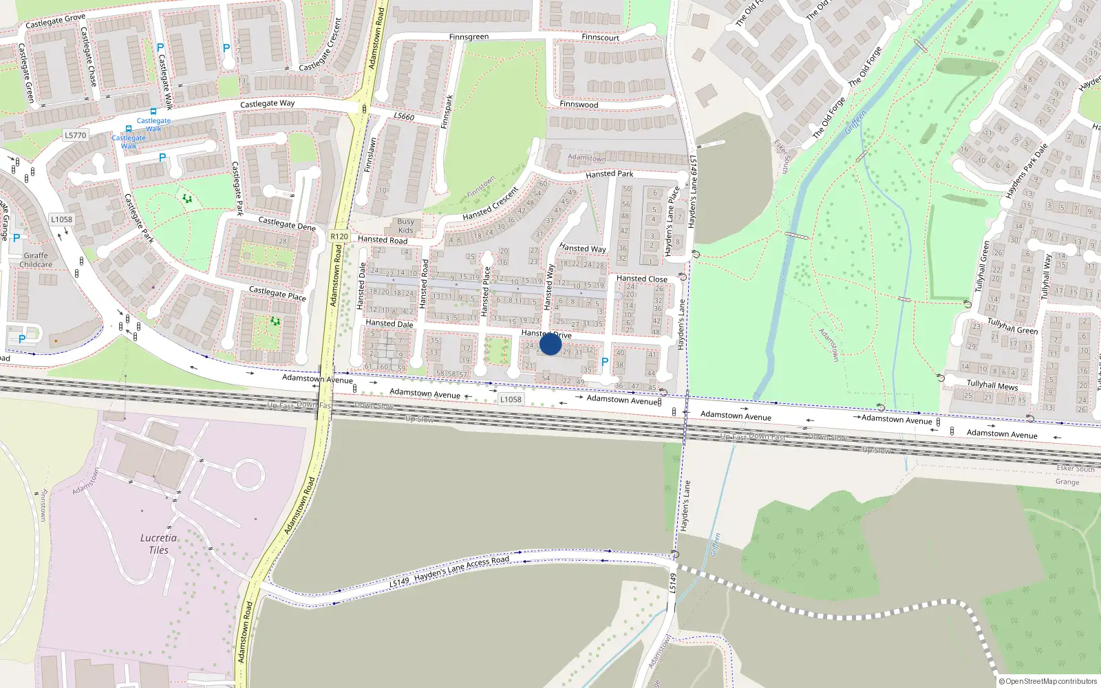 Overhead map showing the location of 27 Hanstead Grove, Lucan, Co. Dublin