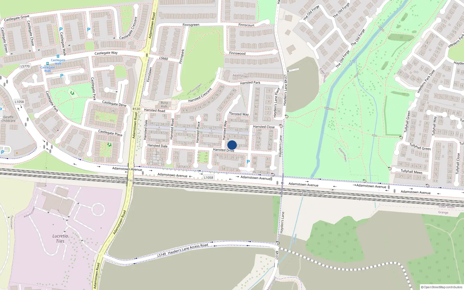 Overhead map showing the location of 27 Hansted Drive, Lucan