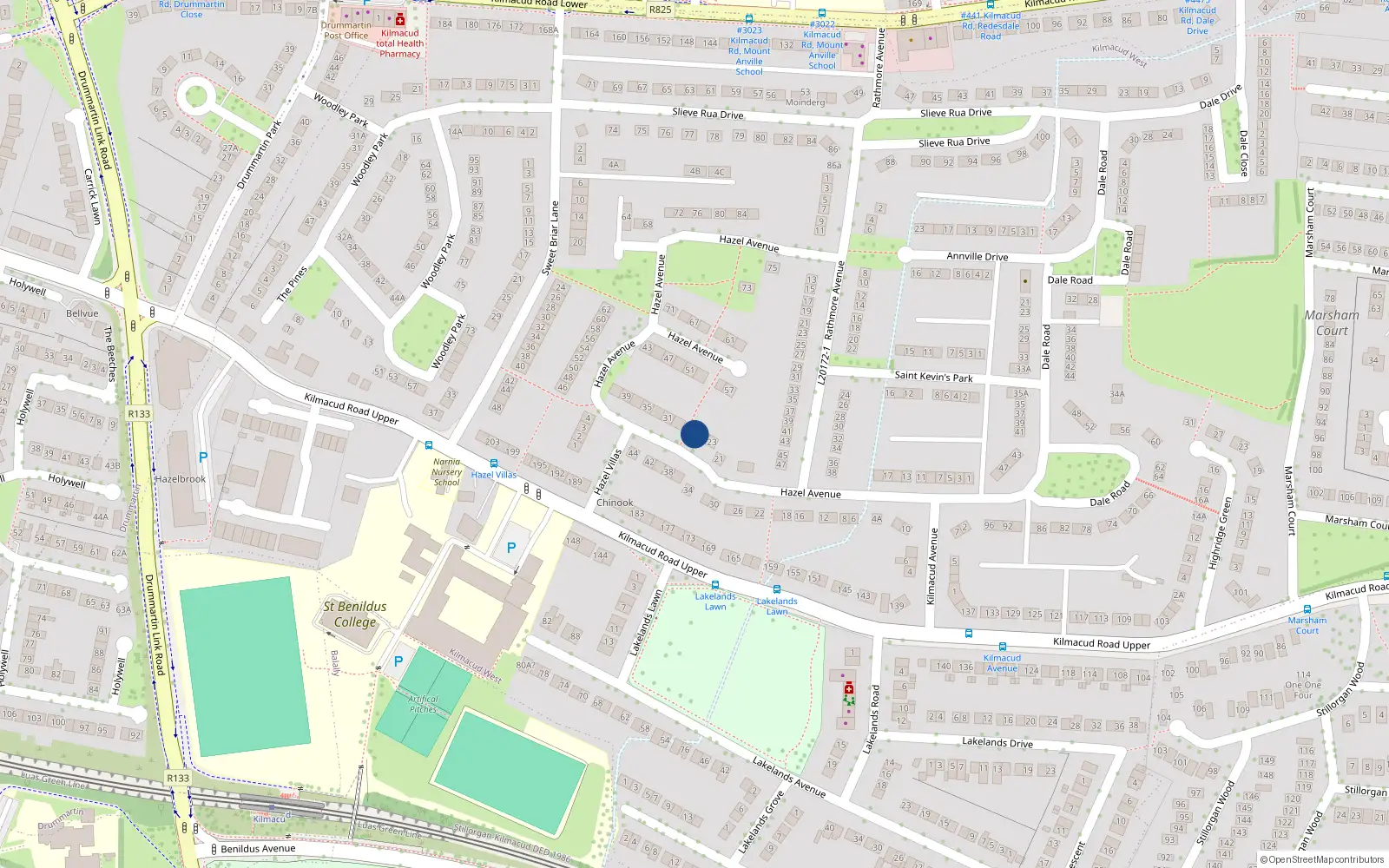 Overhead map showing the location of 27 Hazel Avenue, Kilmacud, Stillorgan