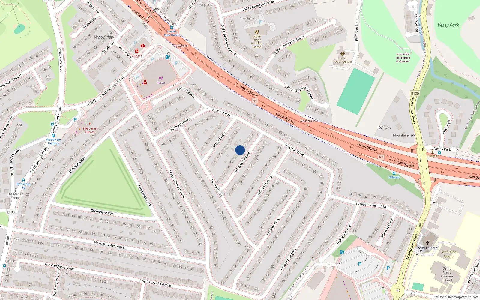 Overhead map showing the location of 27 Hillcrest Avenue, Lucan, Dublin
