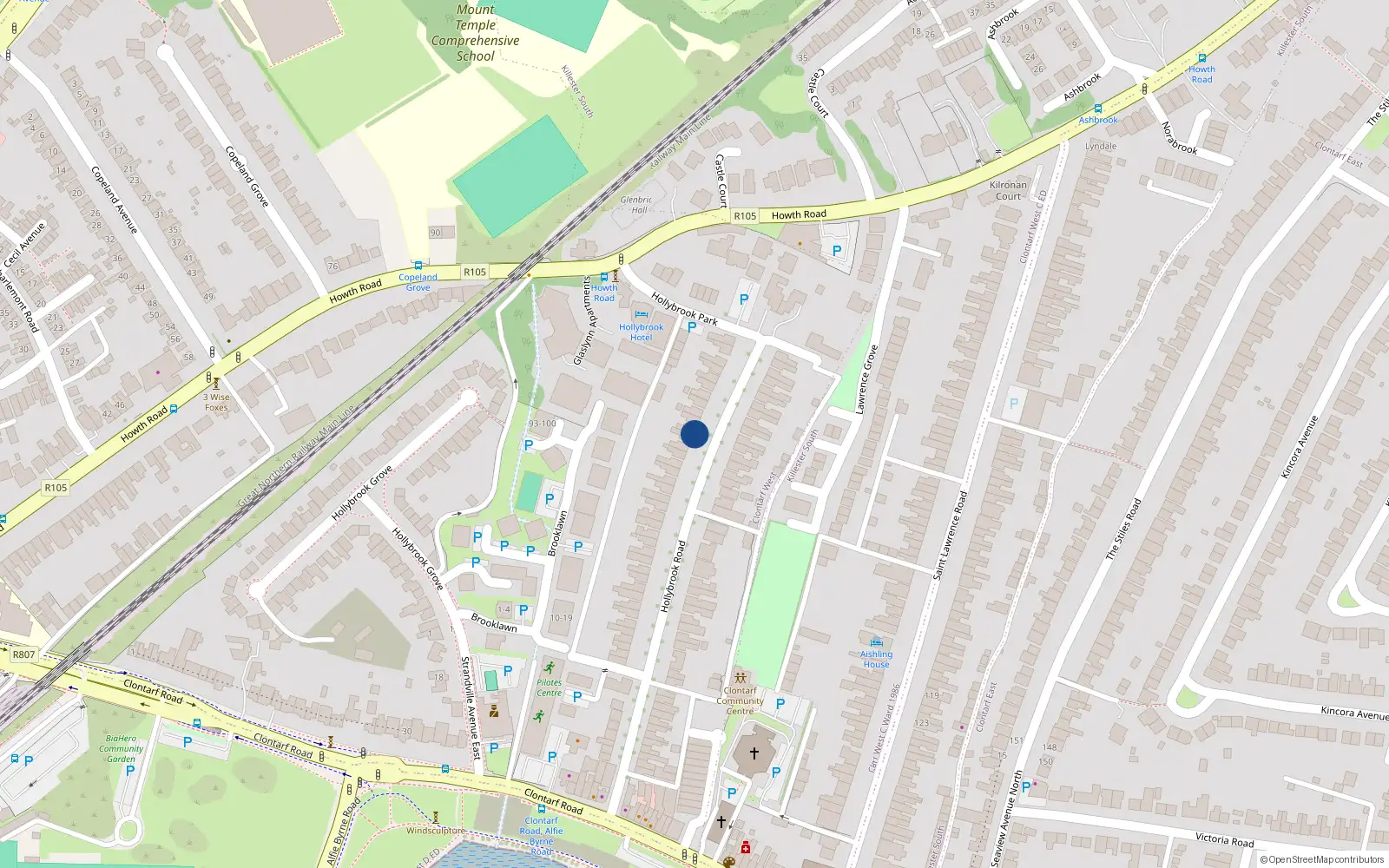Overhead map showing the location of 27 Hollybrook Road, Dublin 3