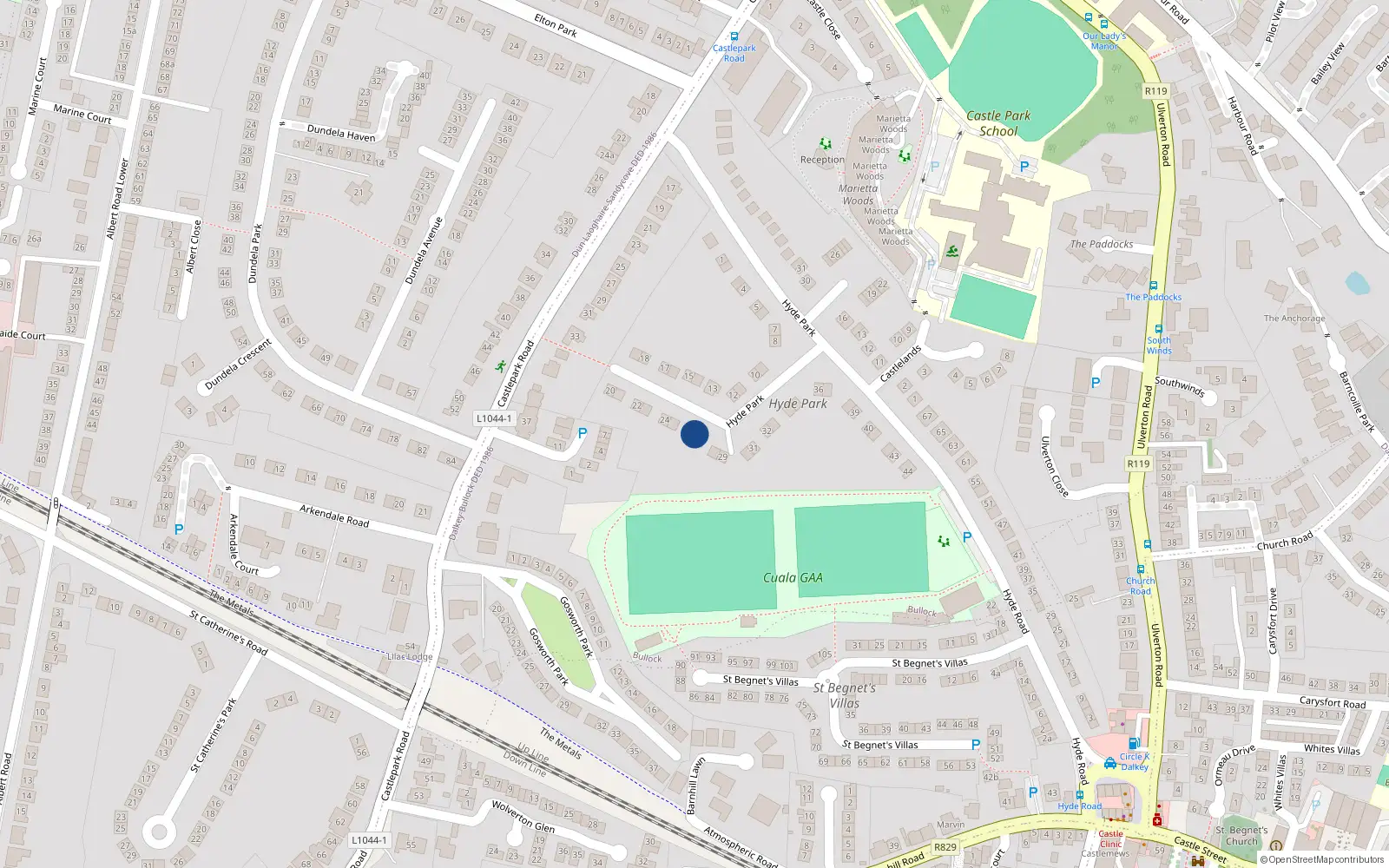 Overhead map showing the location of 27 Hyde Park, Dalkey, Co Dublin