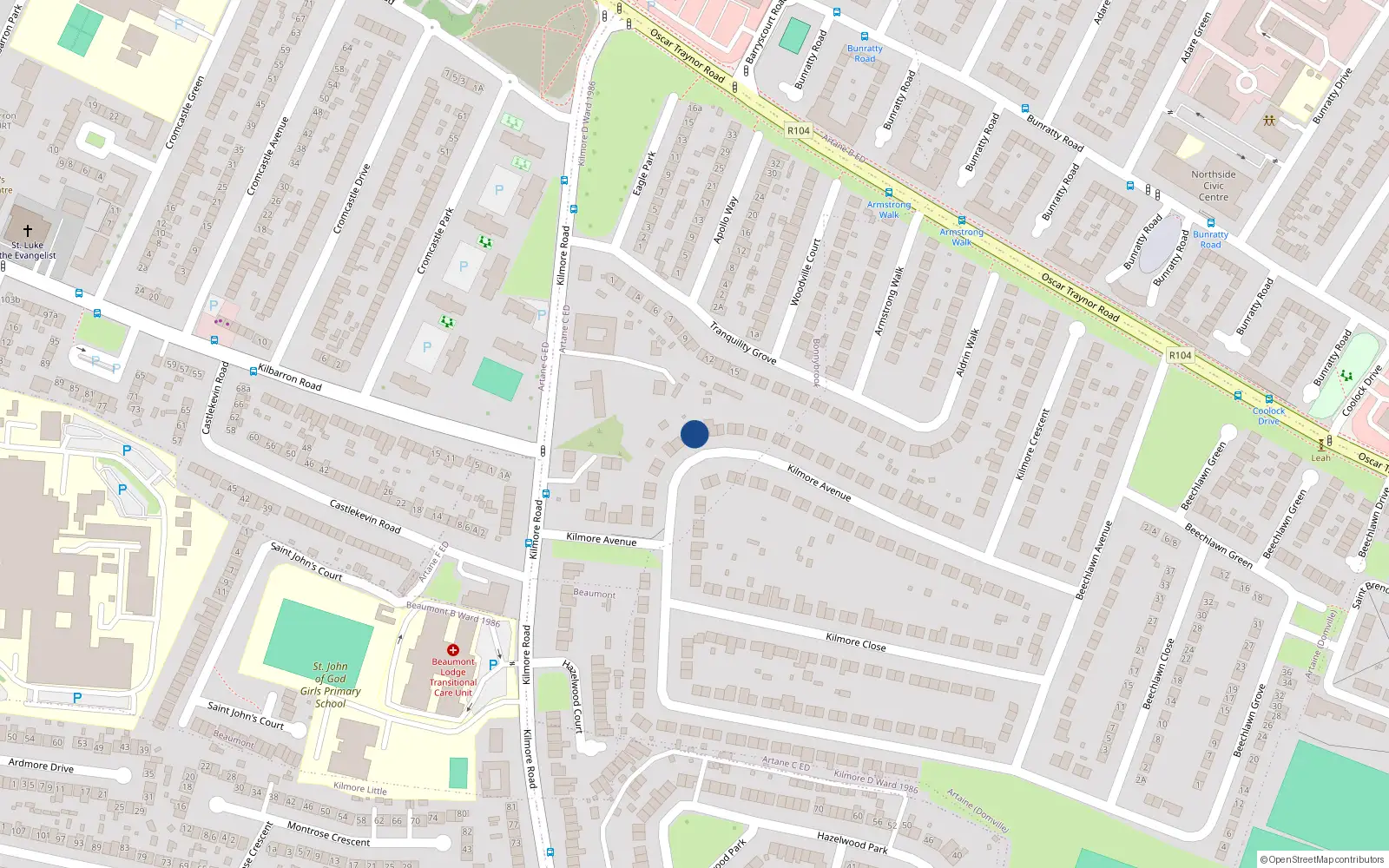 Overhead map showing the location of 27 Kilmore Avenue, Coolock, Dublin 5