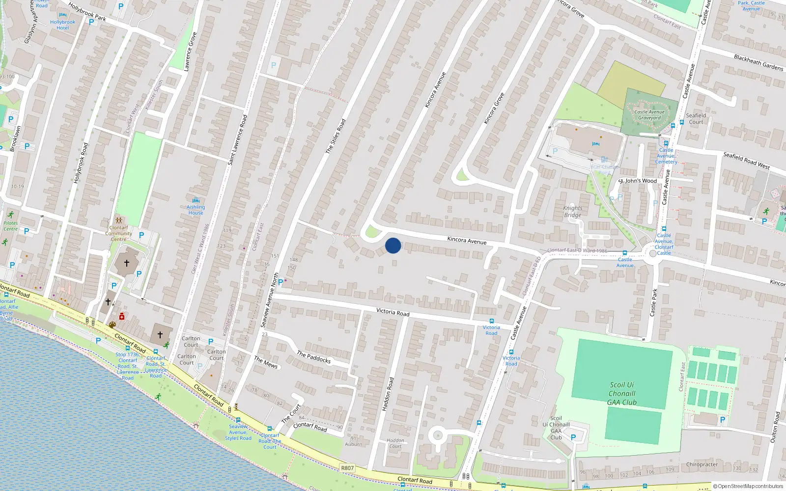 Overhead map showing the location of 27 Kincora Avenue, Clontarf, Dublin 3