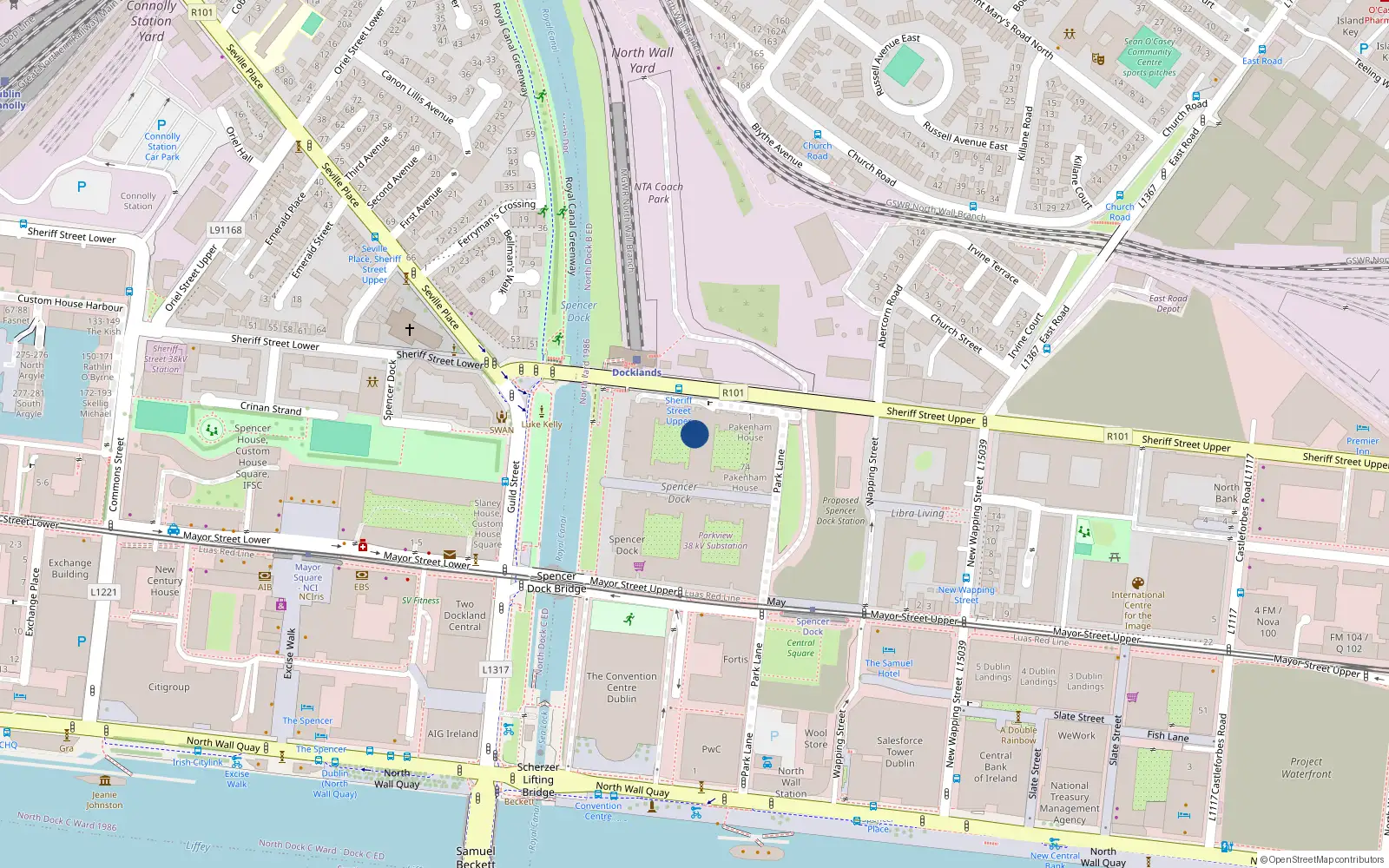 Overhead map showing the location of 27 Kirkpatrick House, Spencer Dock, Wall Quay North Dublin 1