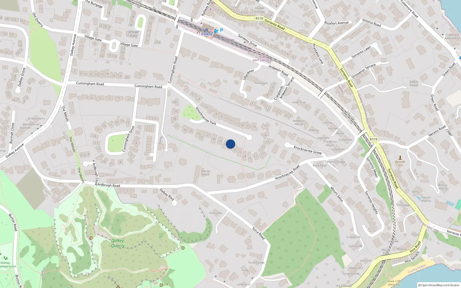 Overhead map showing the location of 27 Knock-Na-Cree Park,, Dalkey