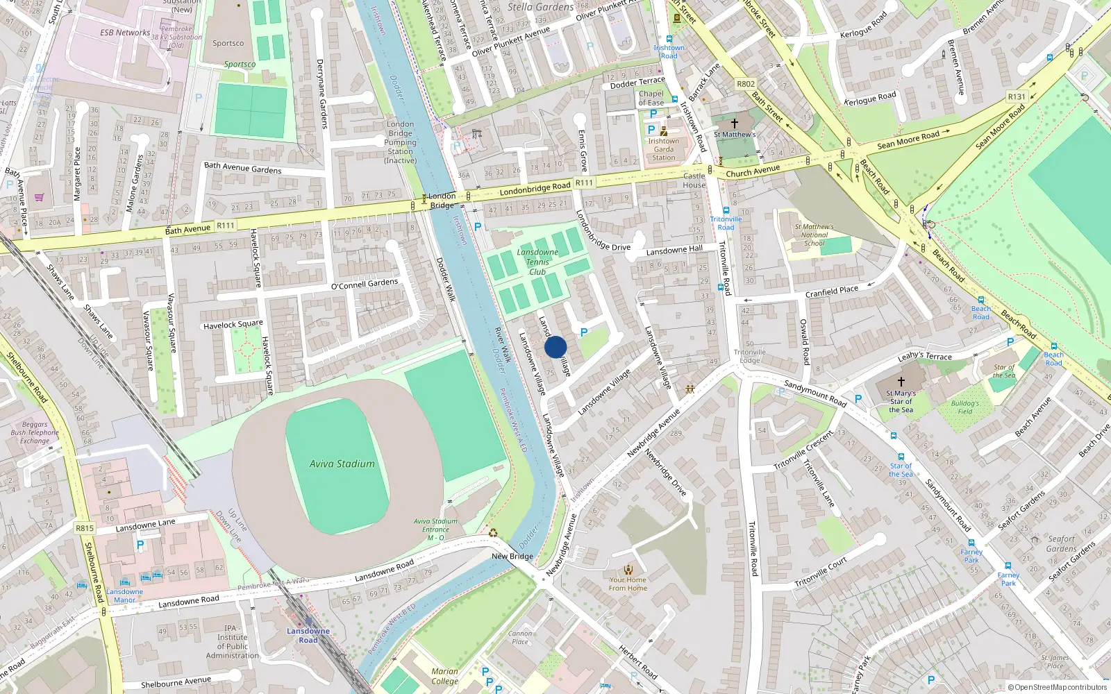 Overhead map showing the location of 27 Lansdowne Village, Irishtown
