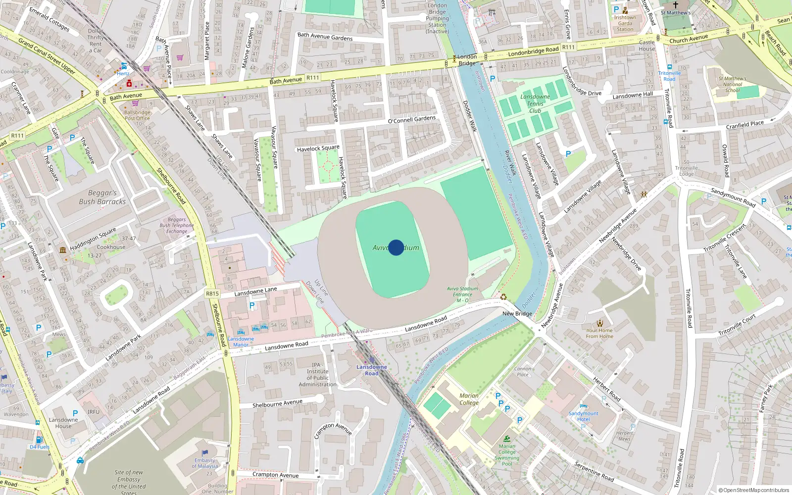 Overhead map showing the location of 27 Lansdowne Road, Ballsbridge Dublin 4