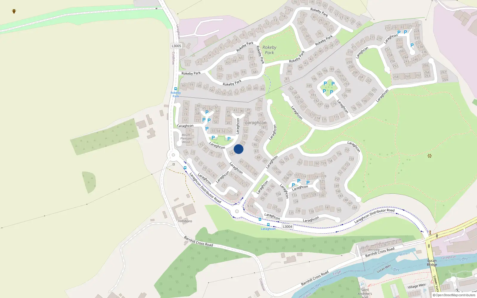 Overhead map showing the location of 27 Laraghcon, Lucan Village, Dublin