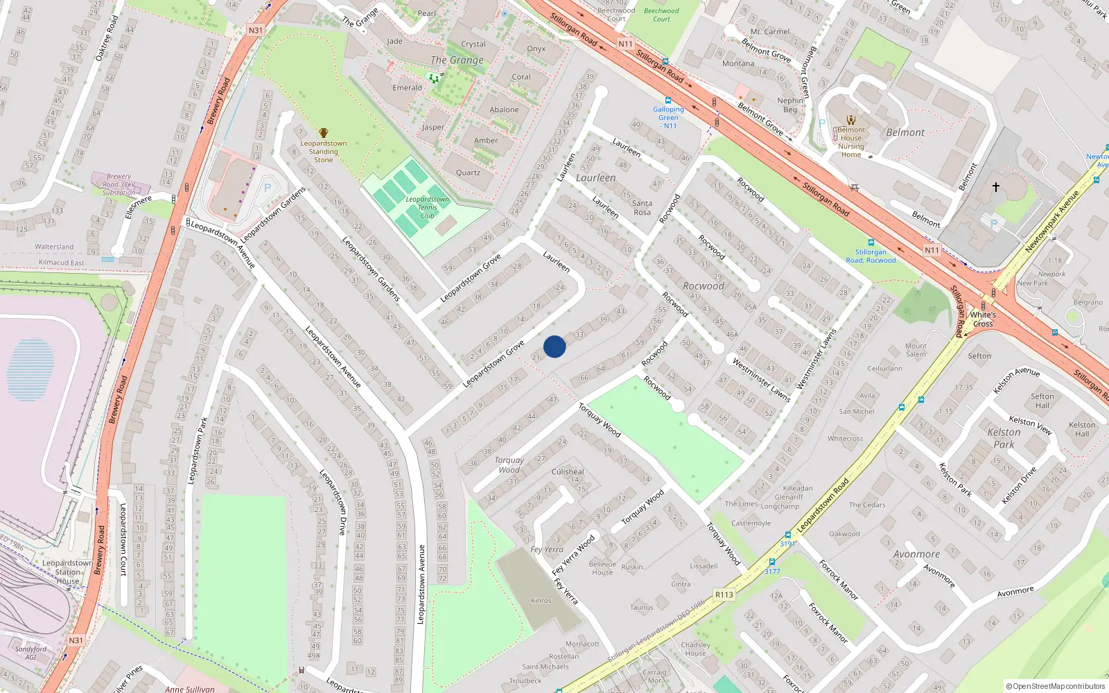 Overhead map showing the location of 27 Leopardstown Grove, Dublin