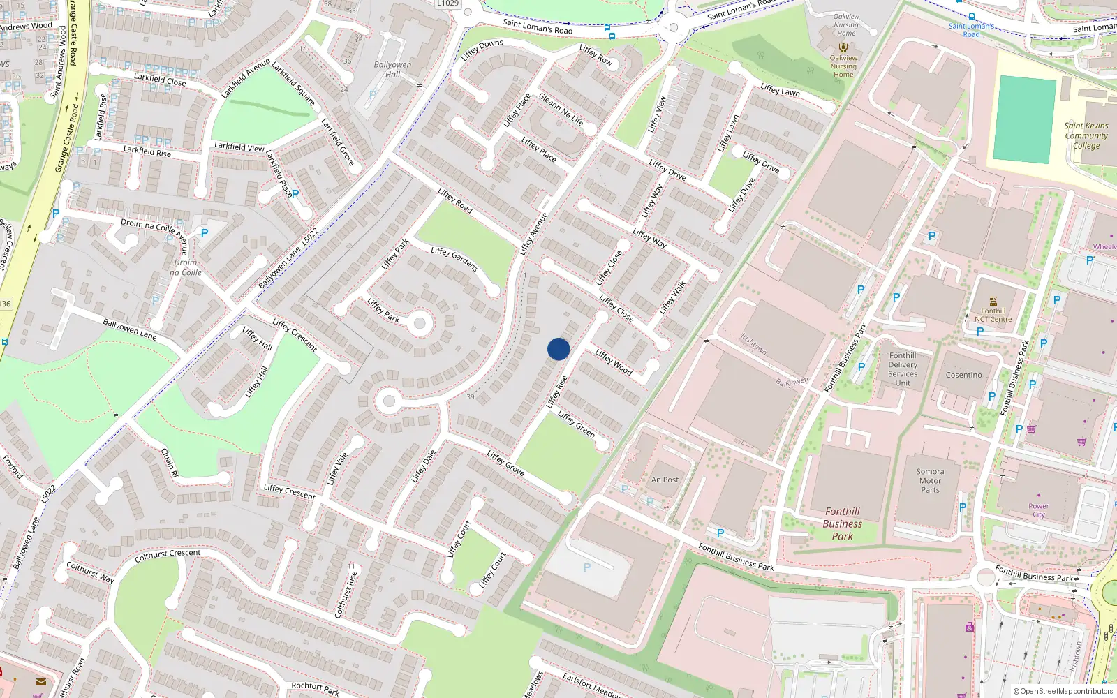 Overhead map showing the location of 27 Liffey Rise, Liffey Valley Park, Lucan