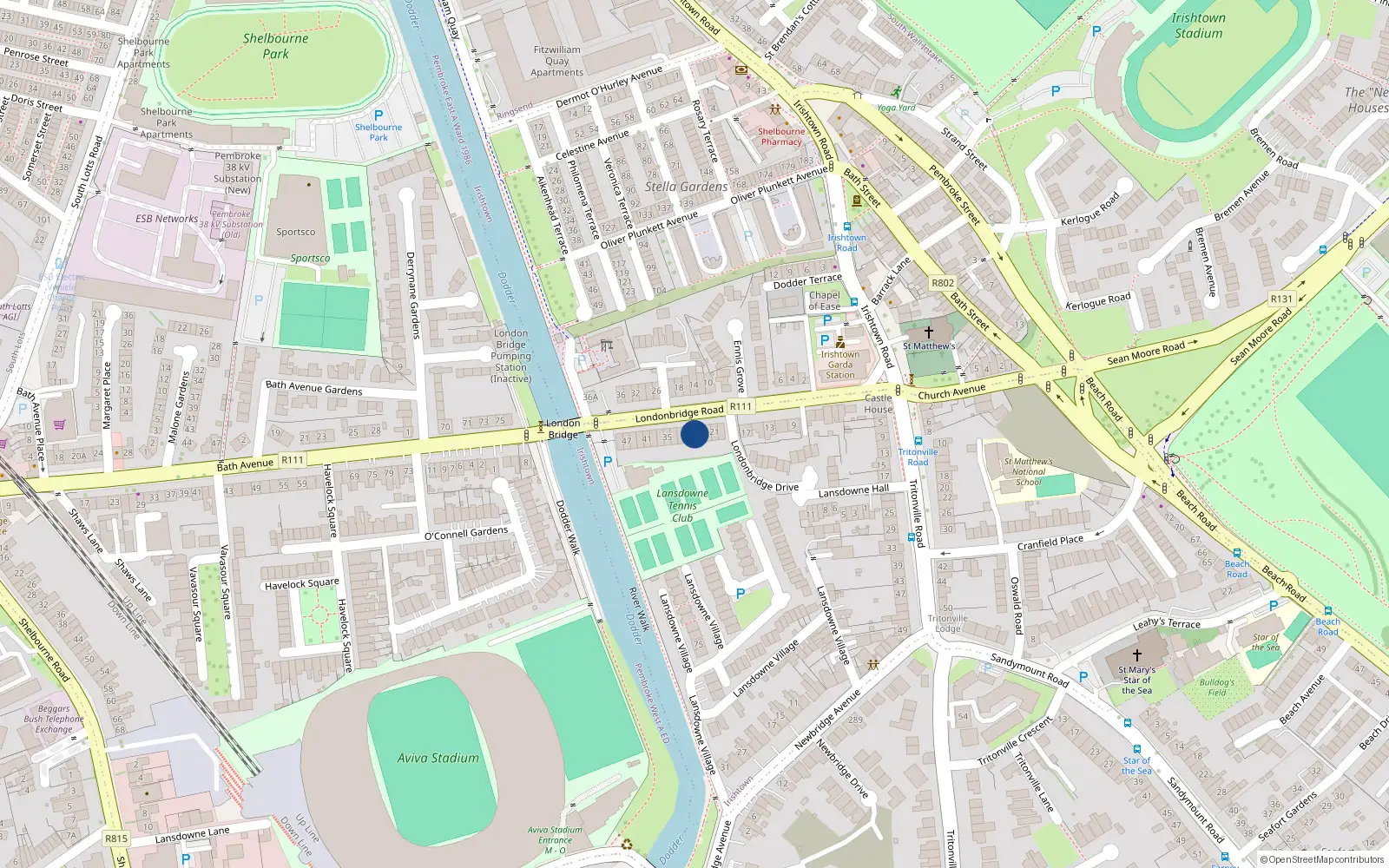 Overhead map showing the location of 27 Londonbridge Road, Irishtown