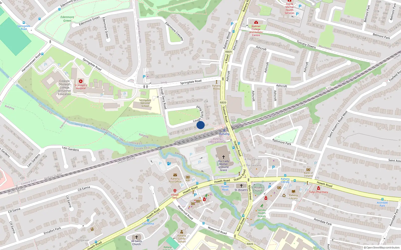 Overhead map showing the location of 27 Lough Derg Road, Dublin 5