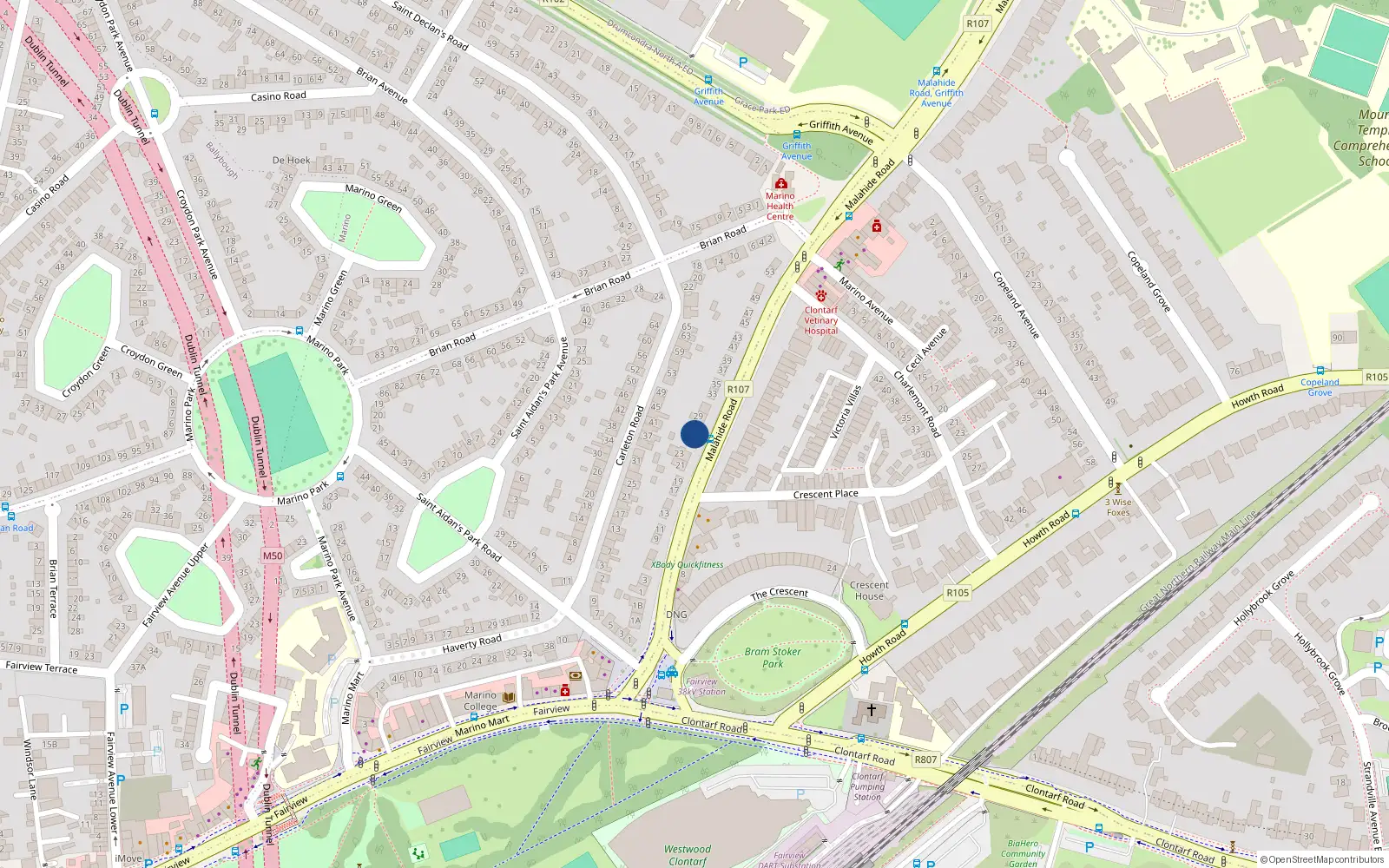 Overhead map showing the location of 27 Malahide Road, Clontarf, Dublin 3