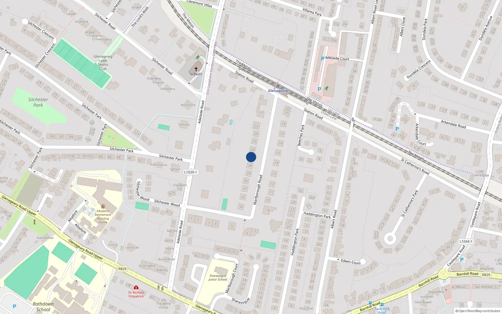 Overhead map showing the location of 27 Marlborough Road, Glenageary, Dublin