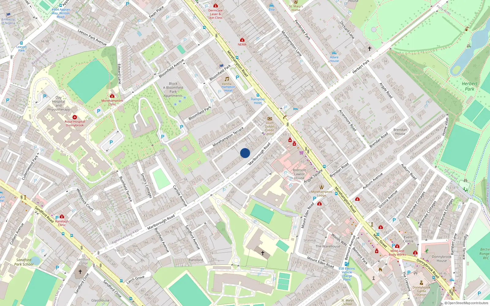 Overhead map showing the location of 27 Marlborough Road, Donnybrook