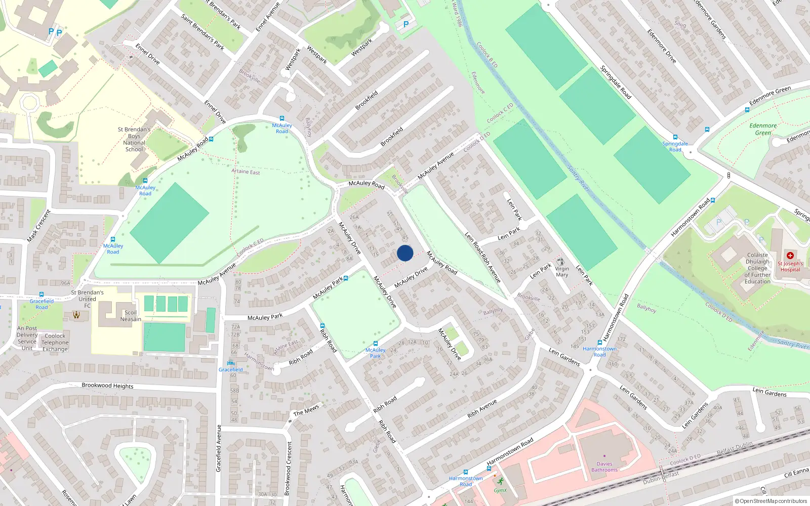 Overhead map showing the location of 27 Mcauley Drive, Dublin 5