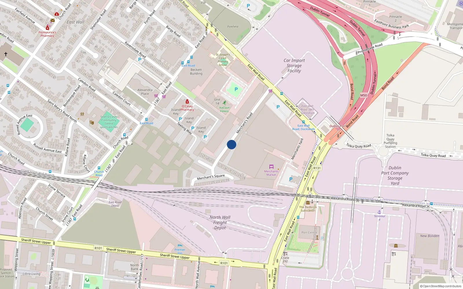 Overhead map showing the location of 27 Merchant's Road, Dublin 3
