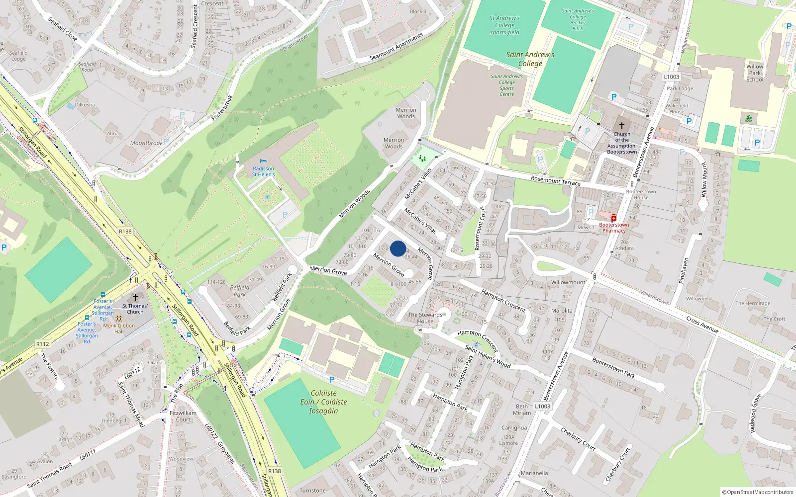 Overhead map showing the location of 27 Merrion Grove, Blackrock, Dublin