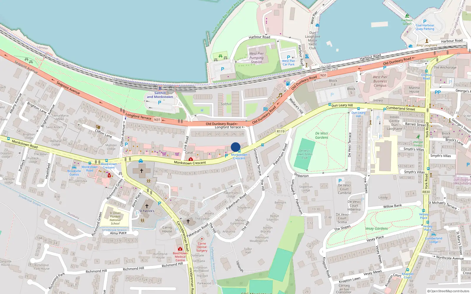 Overhead map showing the location of 27 Monkstown Crescent, Monkstown