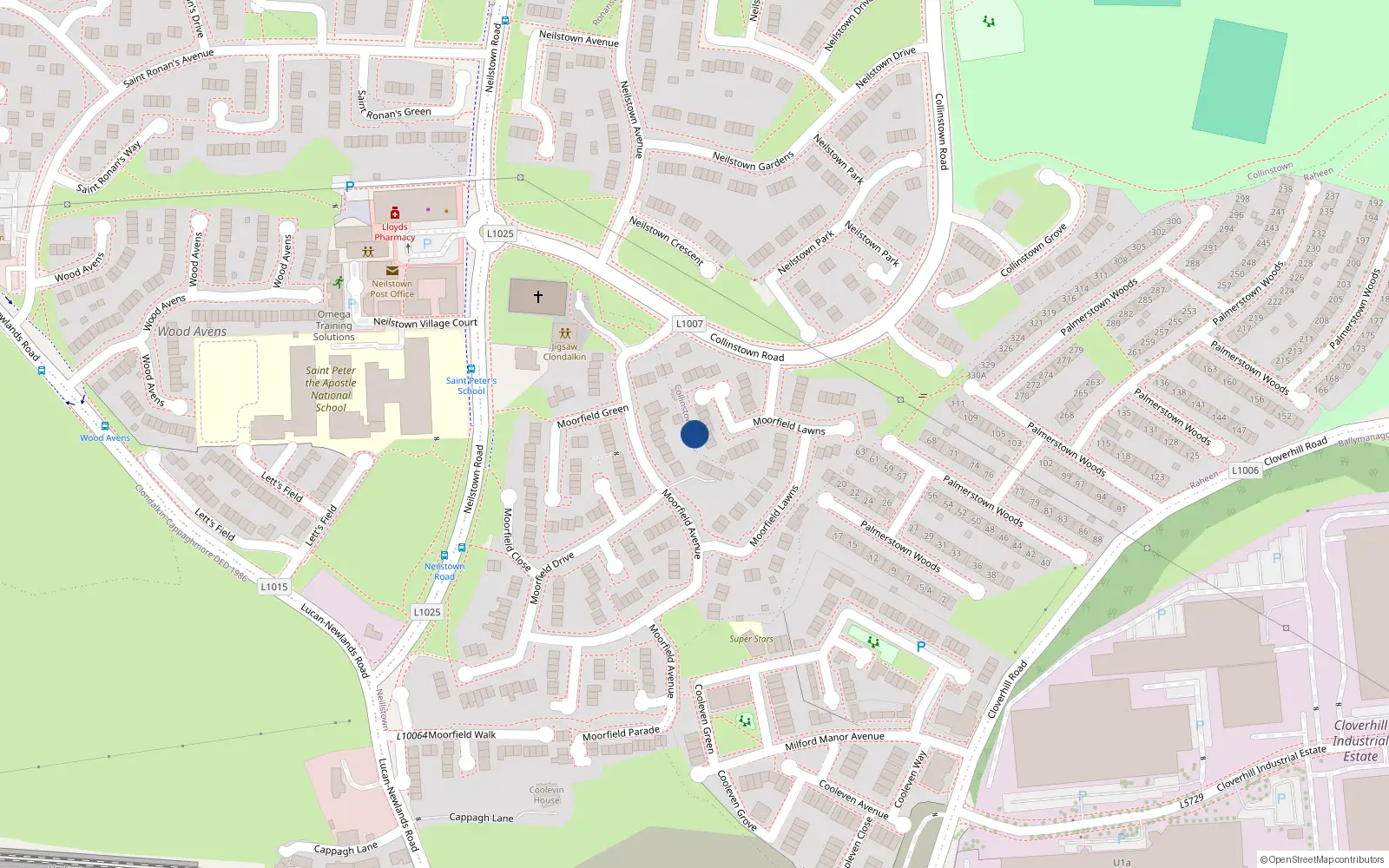 Overhead map showing the location of 27 Moorefield Lawns, Clondalkin, Dublin