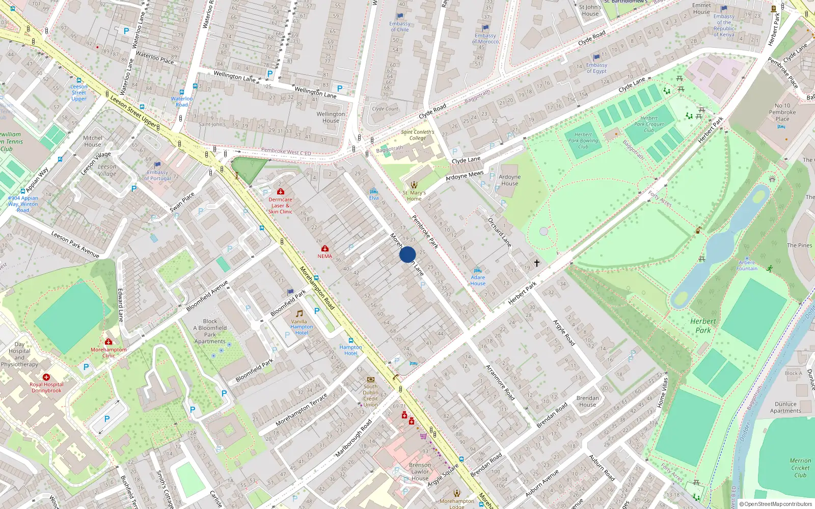 Overhead map showing the location of 27 Morehampton Lane, Dublin 4