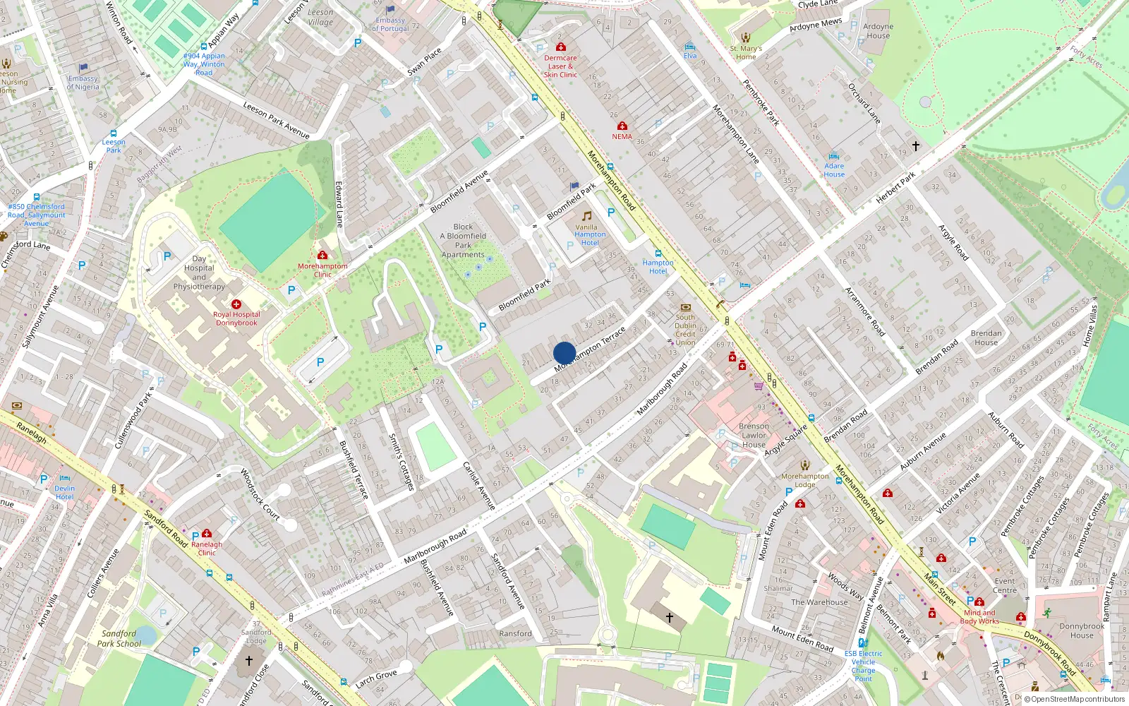 Overhead map showing the location of 27 Morehampton Terrace, Donnybrook