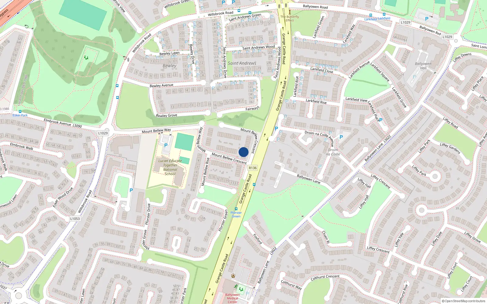 Overhead map showing the location of 27 Mount Bellew Crescent, Lucan