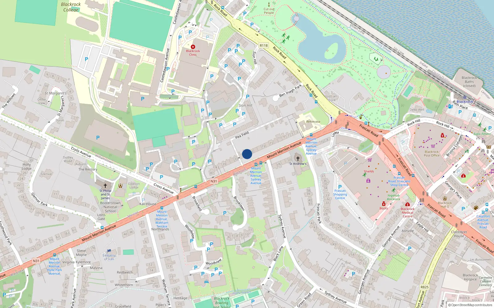 Overhead map showing the location of 27 Mount Merrion Avenue, Blackrock, Dublin