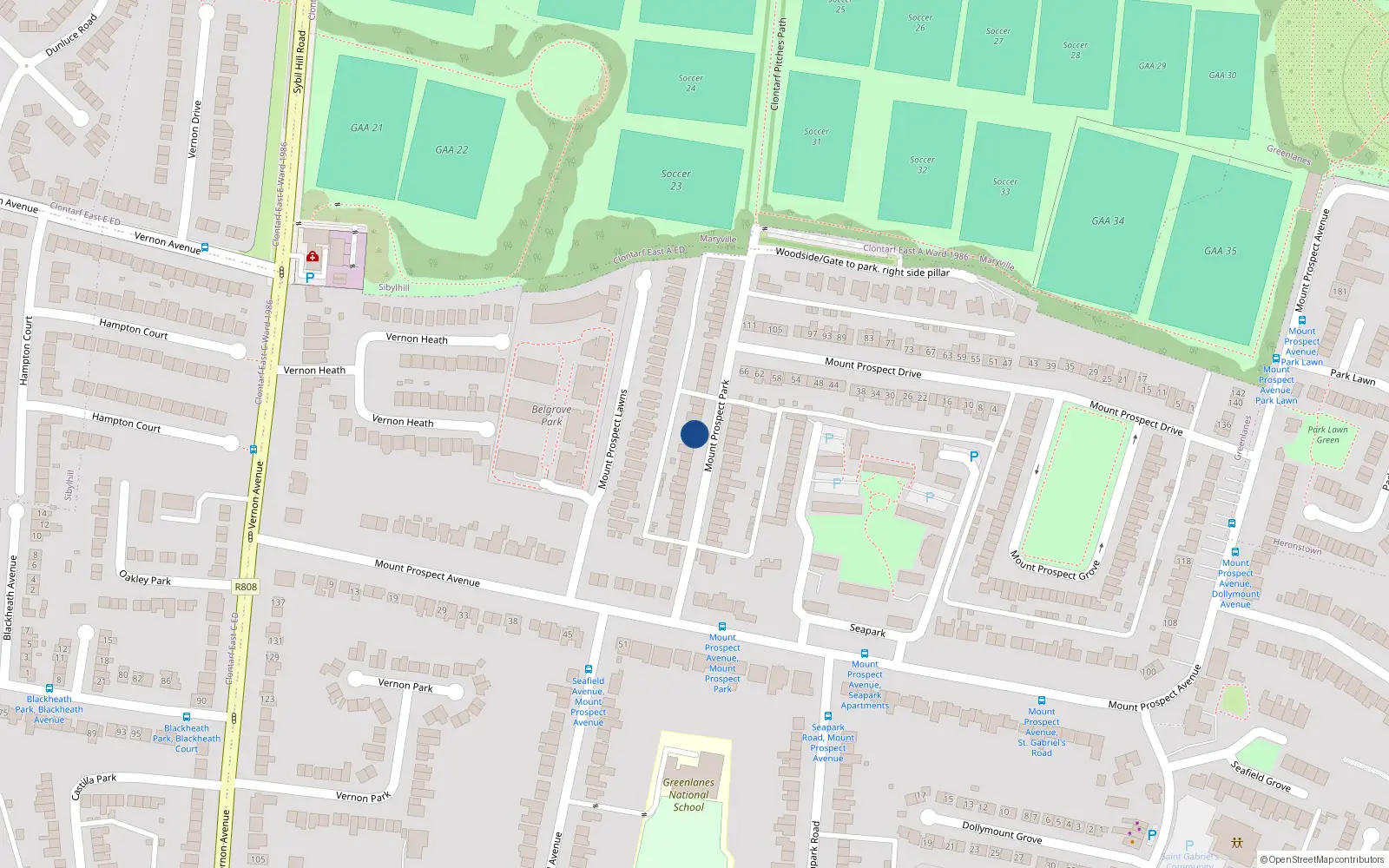 Overhead map showing the location of 27 Mount Prospect Park, Clontarf, Dublin 3