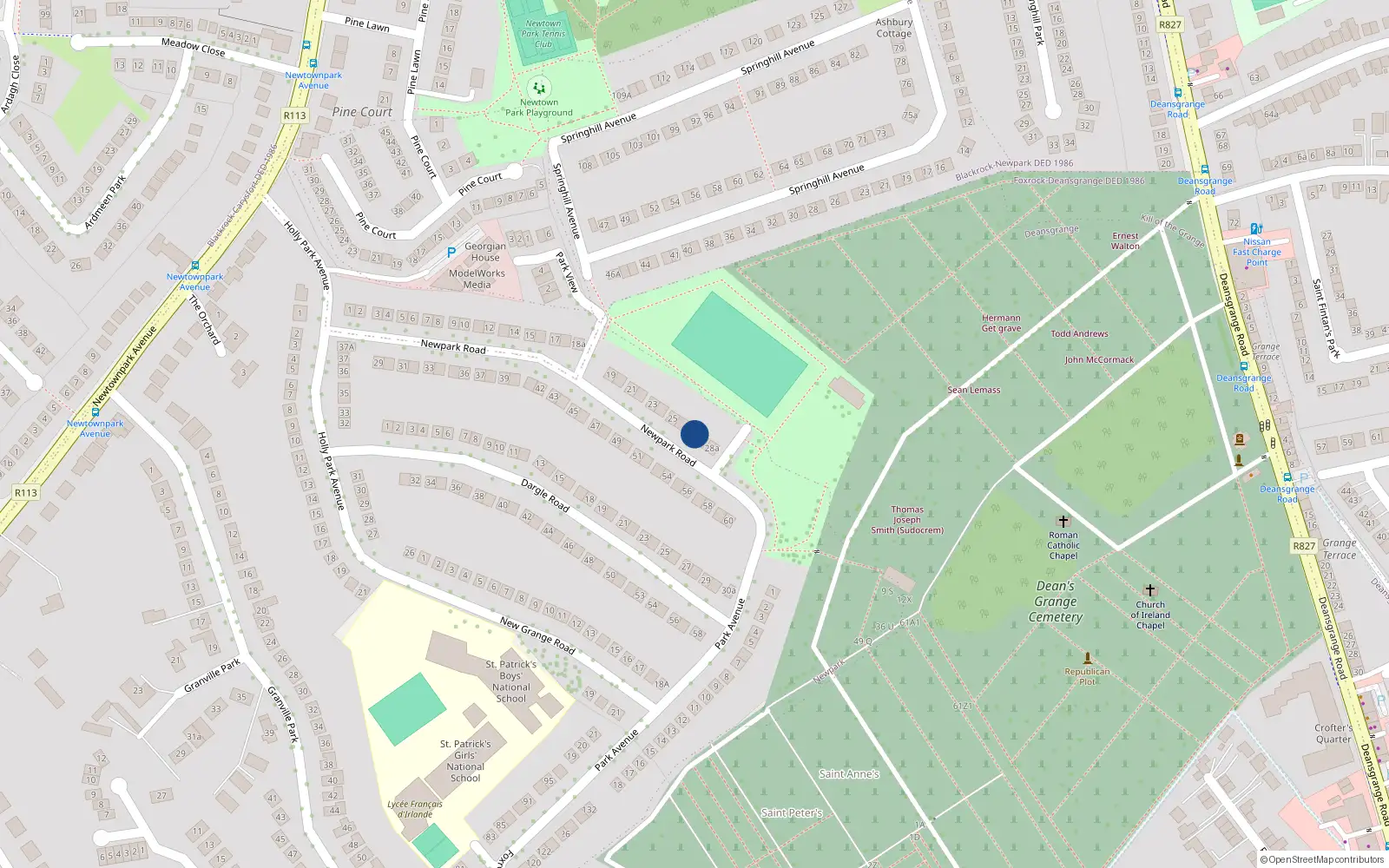 Overhead map showing the location of 27 New Park Road, Blackrock
