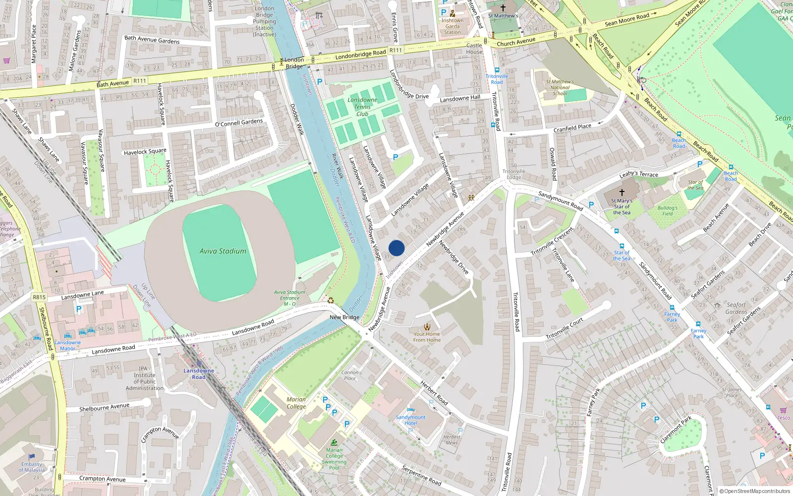 Overhead map showing the location of 27 Newbridge Avenue, Irishtown