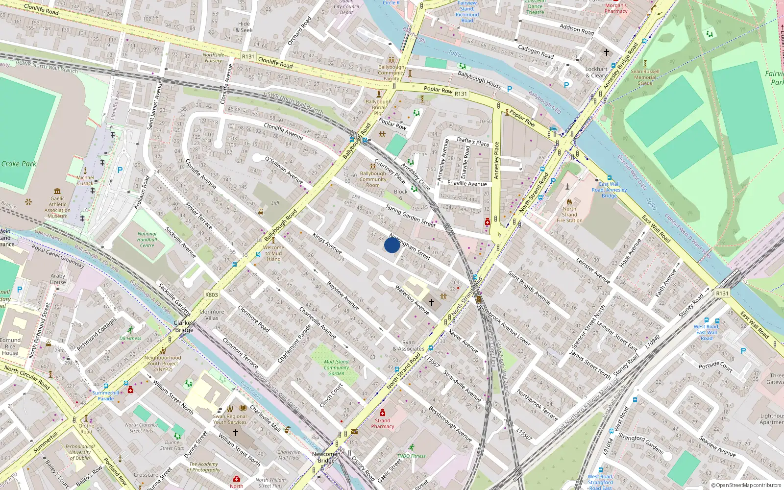 Overhead map showing the location of 27 Nottingham St, North Strand, Dublin 3
