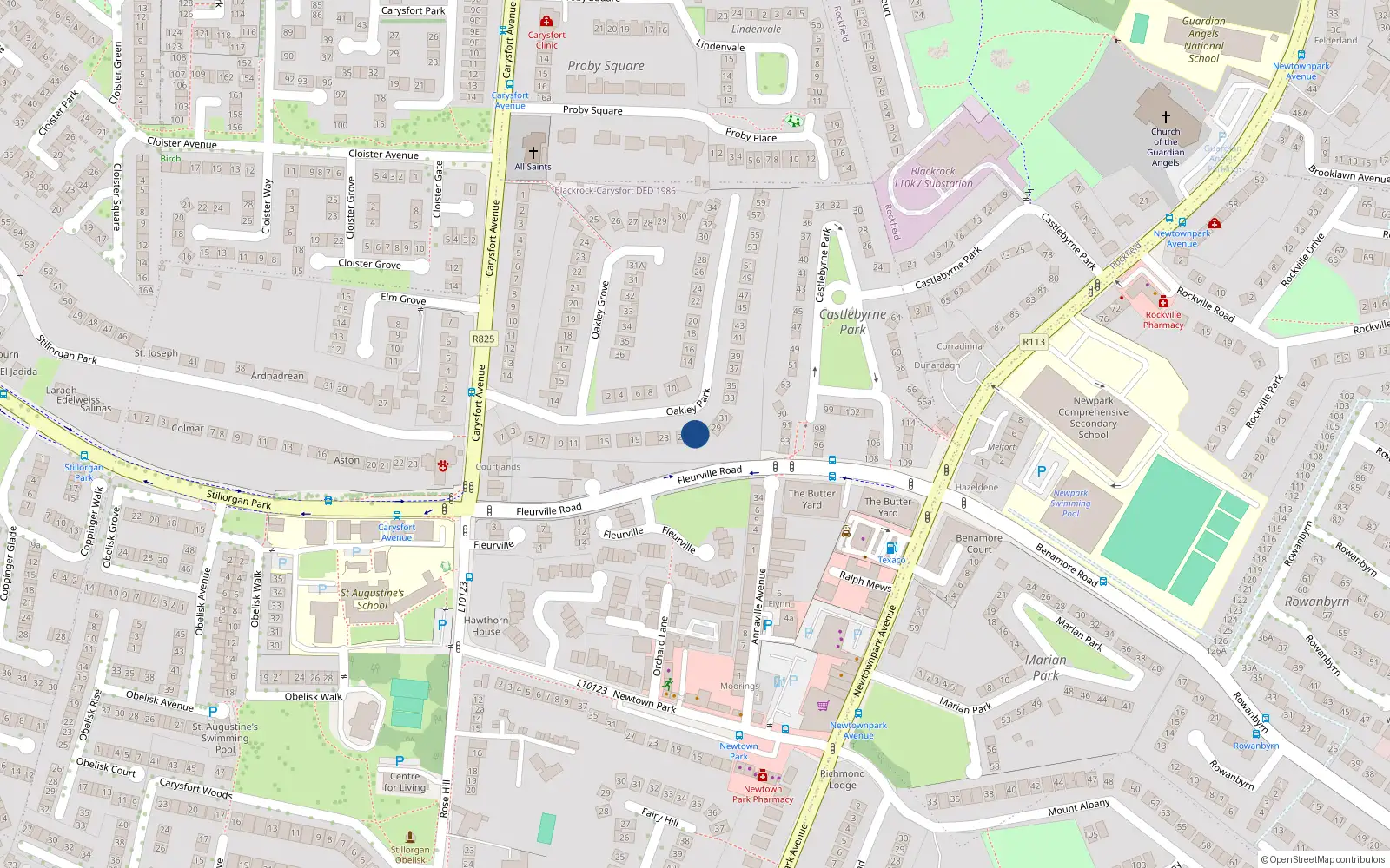 Overhead map showing the location of 27 Oakley Park, Blackrock