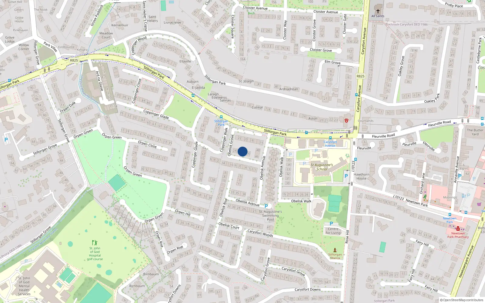 Overhead map showing the location of 27 Obelisk Grove, Blackrock