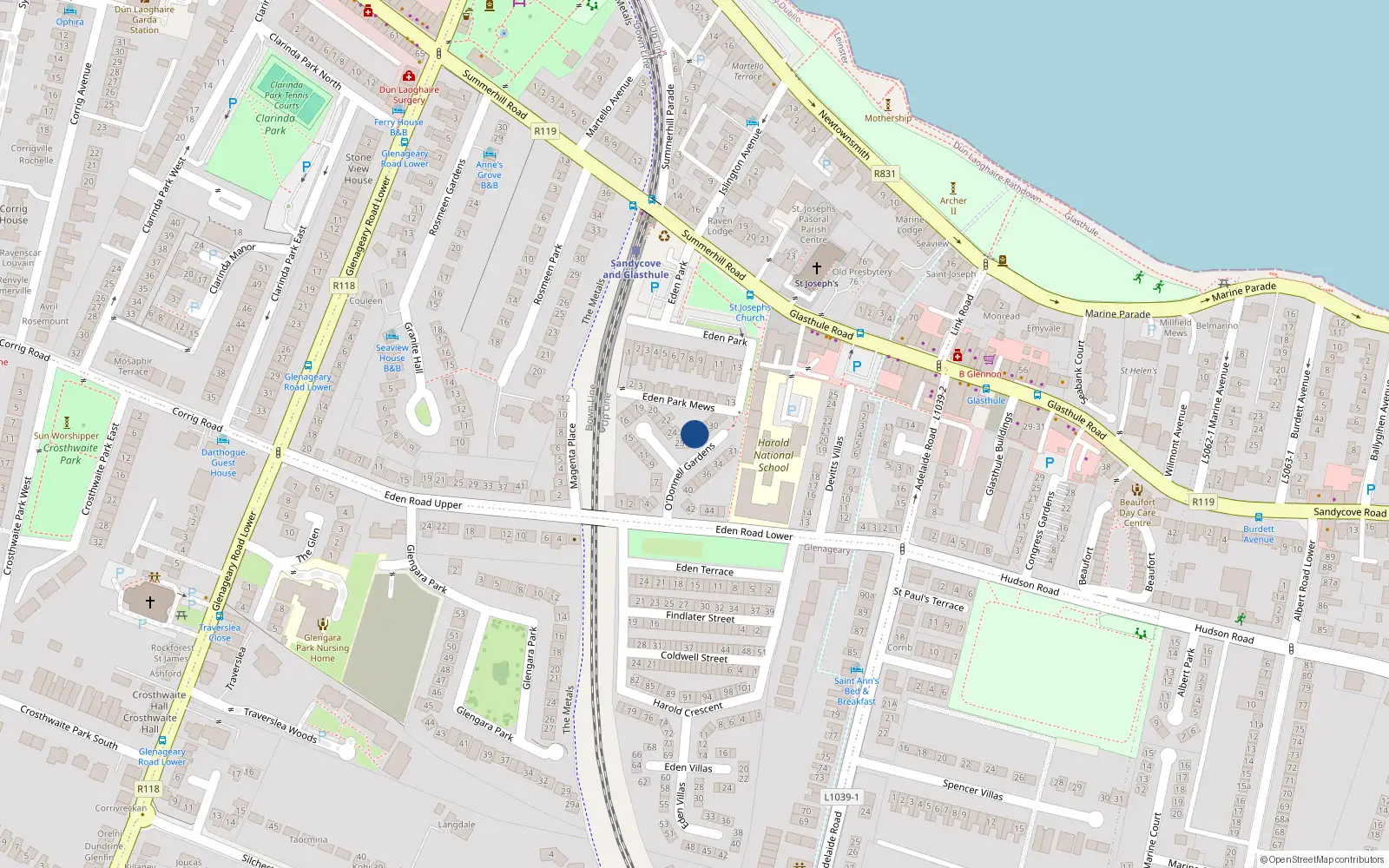 Overhead map showing the location of 27 O'Donnell Gardens, Dublin